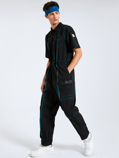 Men Hip Hop Style Button Design Short Sleeves Overalls Jumpsuit