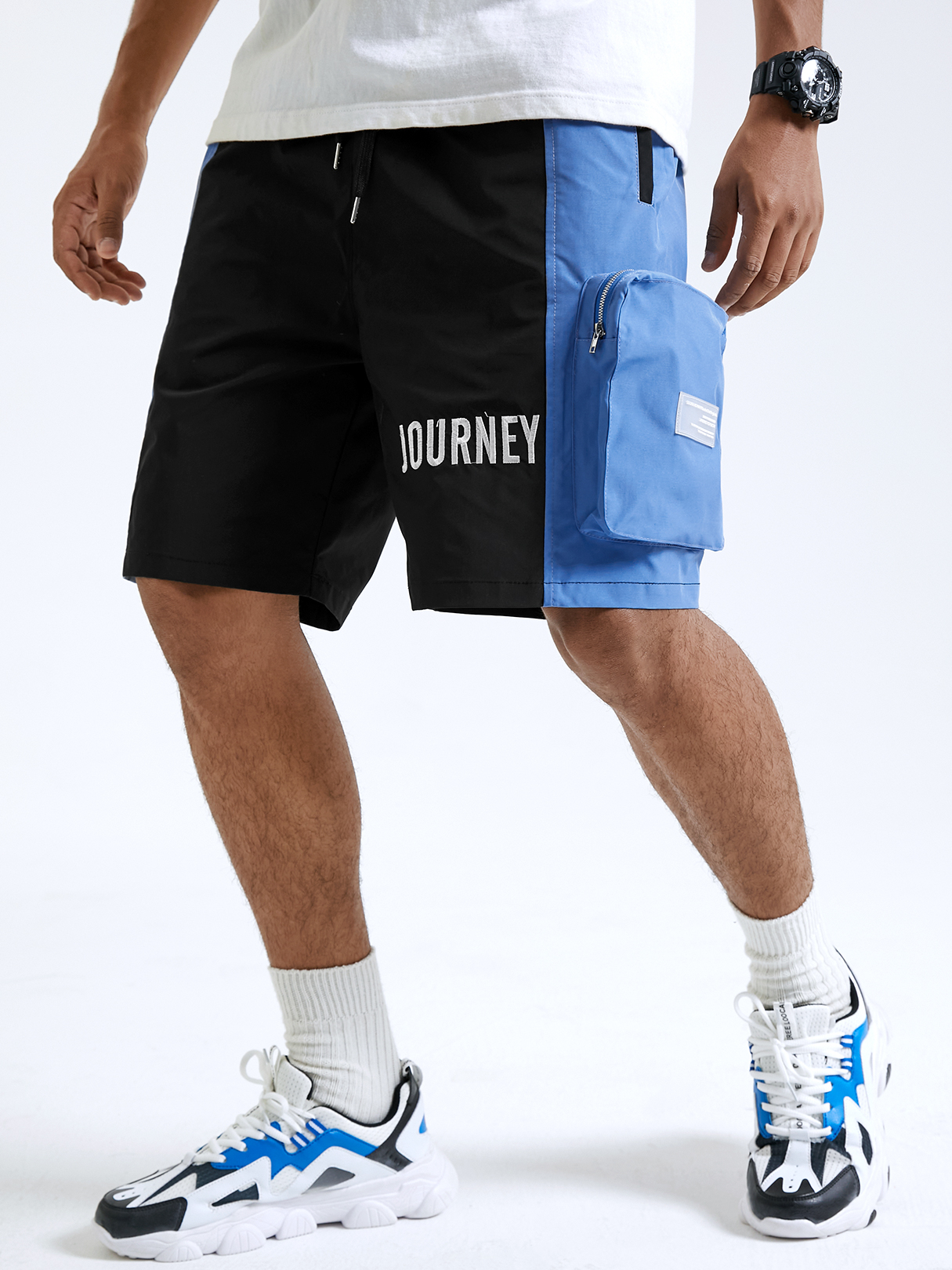 Men Letter Color Block Print Drawstring Waist Cargo Shorts