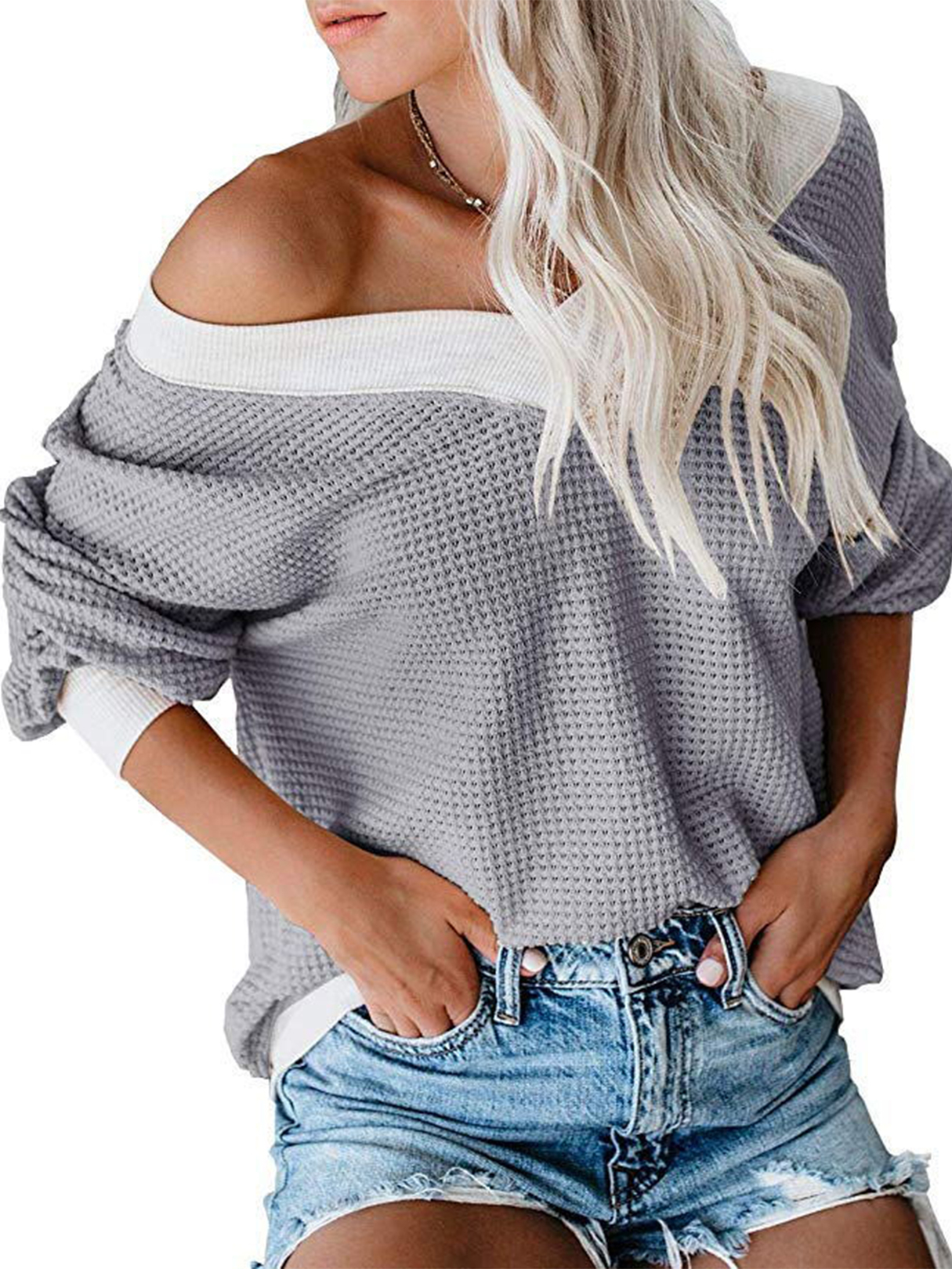 Grey One Shoulder Long Sleeves Knit Top