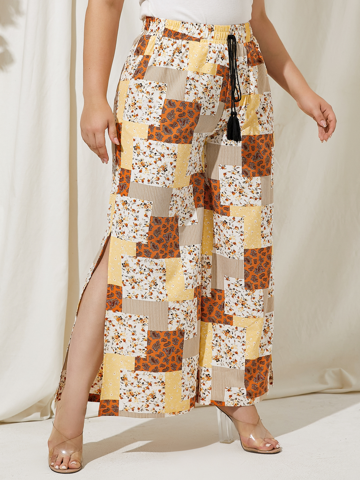 YOINS Plus Size Scarf Print Wide Leg Elastic Waist Pants