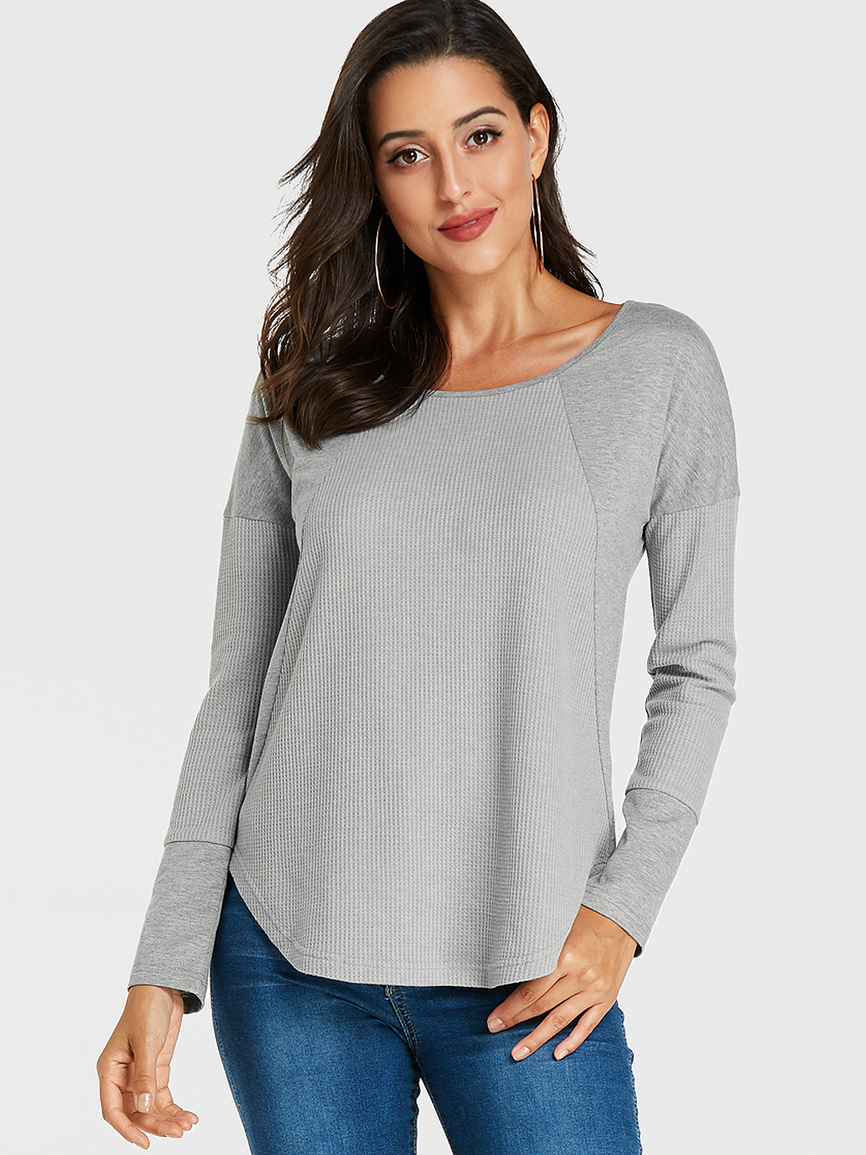 YOINS Grey Patch Round Neck Long Sleeves Tee
