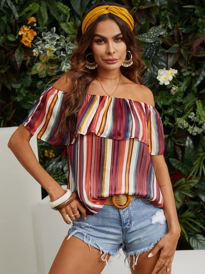 YOINS Multi Color Random Stripe Ruffle Trim Lined Off The Shoulder Blouse
