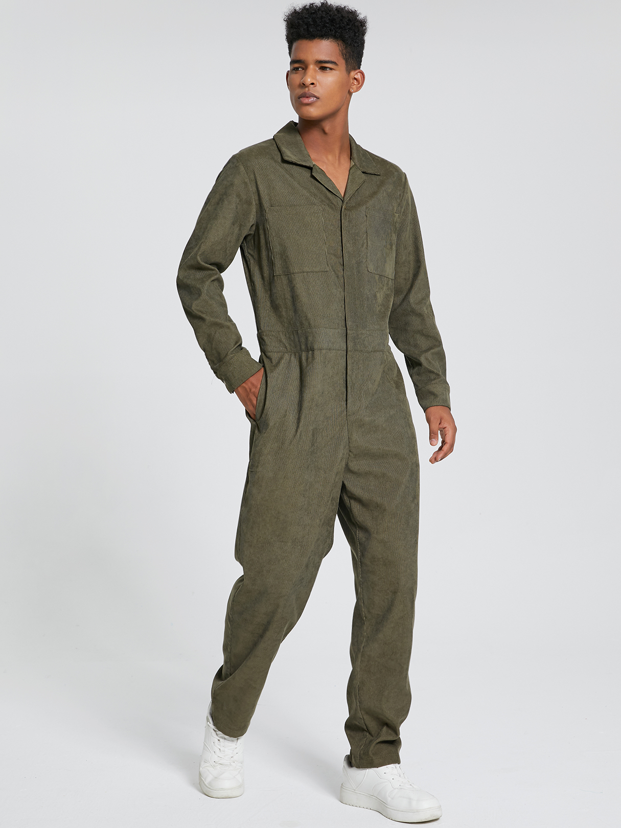 Men Casual Corduroy Zip Front Long Sleeve Overalls Jumpsuit