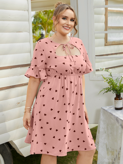 YOINS Plus Size Crew Neck Print Cut Out Tie-up Design Short Sleeves Midi Dress