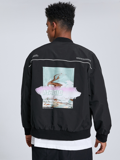 Men Letter Print Zip Front Baseball Collar Digital Distortion Jackets