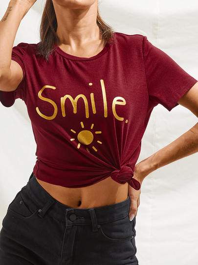 YOINS BASICS Letter & Sun Print Crew Neck Short Sleeves Tee