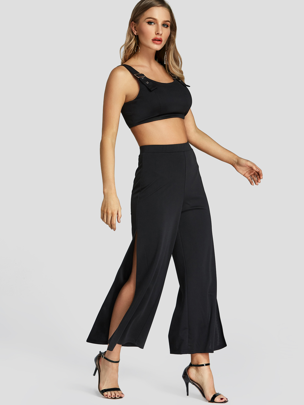 Black Round Neck Tank Top & Slit Design Trousers Co-ord