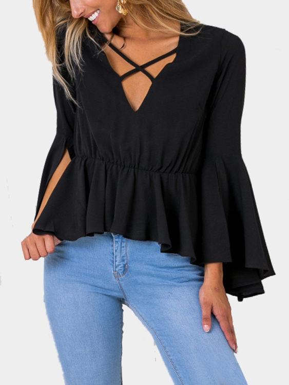 Fashion Black V-neck Slit Long Flared Sleeves Blouse