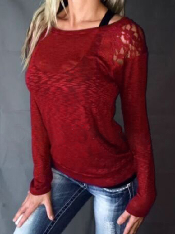Lace Patchwork Semi Sheer Round Neck Long Sleeves Tee