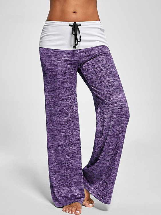 Active Wide Leg Stretch Waistband Pants With Stitching Design in Purple