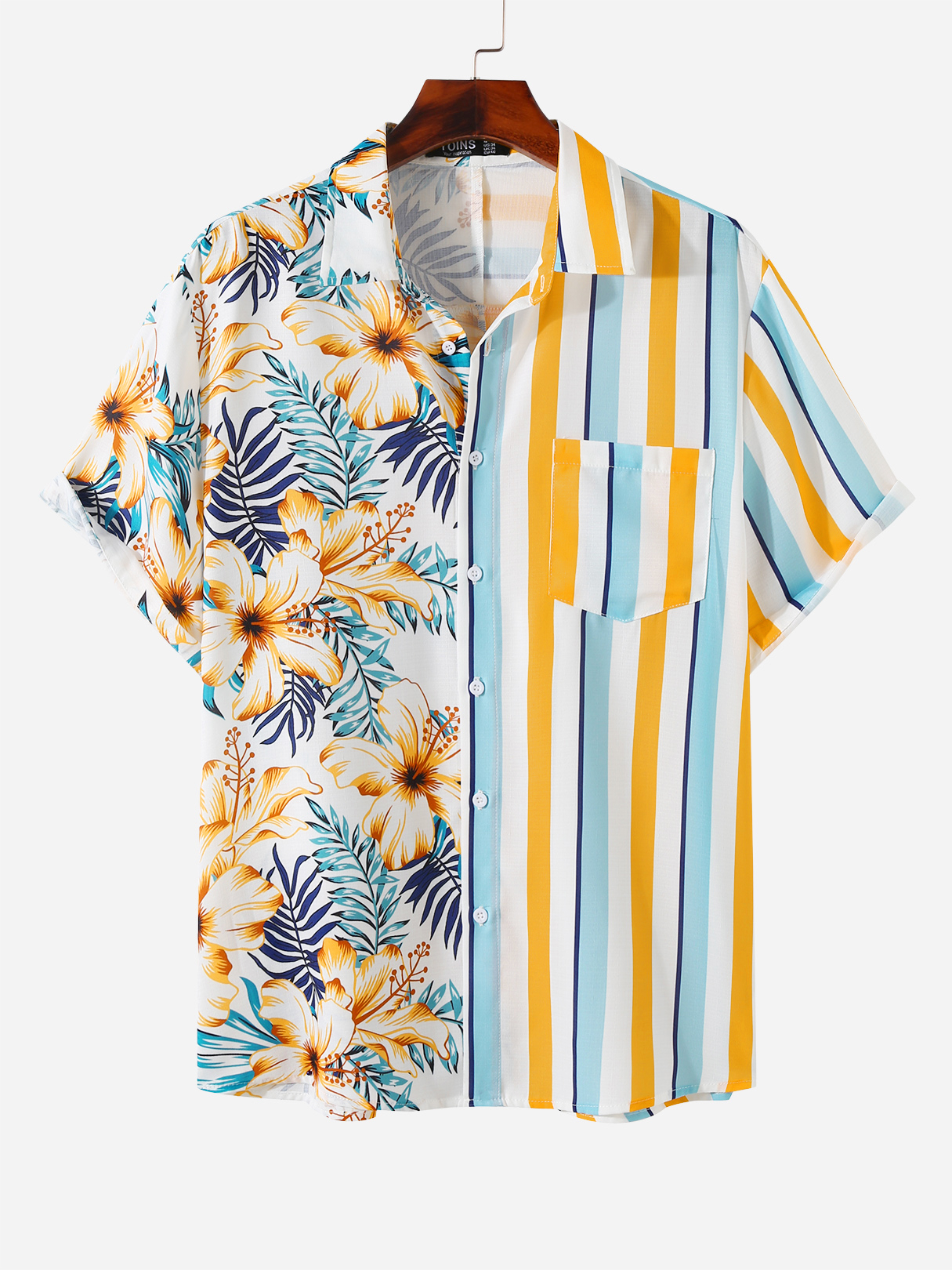 Men Printed Tropical Stripe Patchwork Casual Short Sleeve Shirt