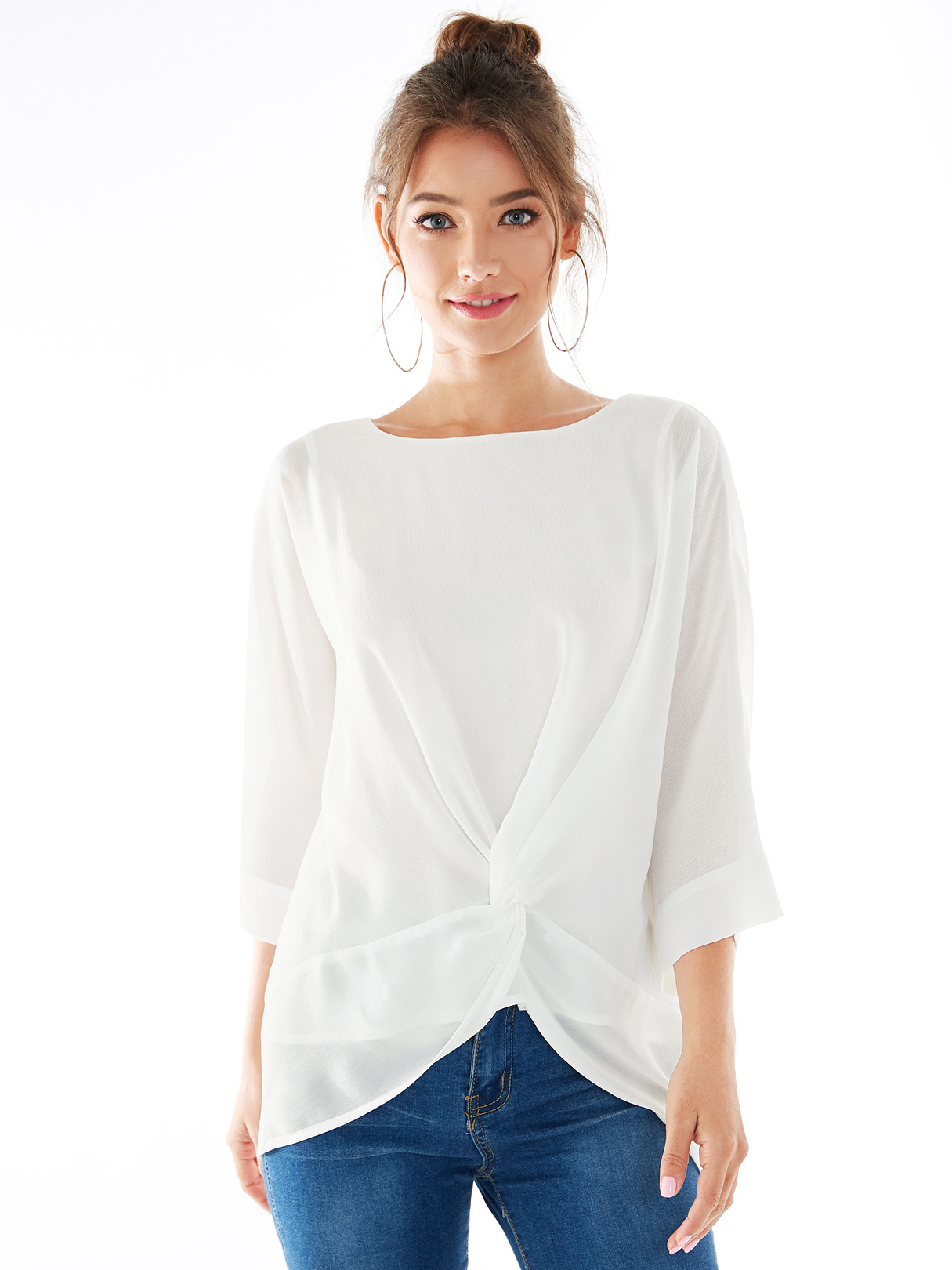 YOINS White Round Neck Twisted Double Layer Chiffon Blouse