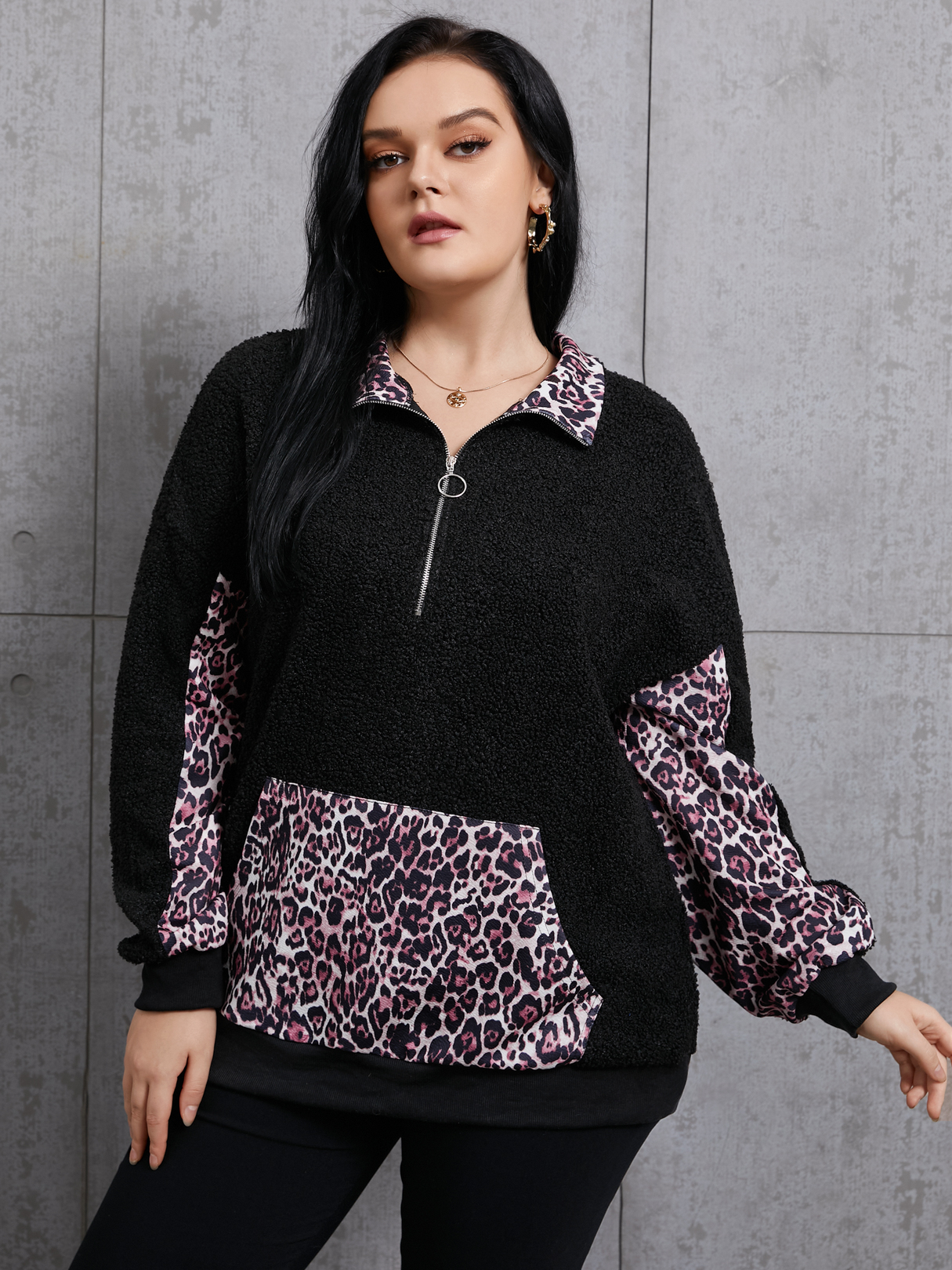 YOINS Plus Size Lapel Collar Leopard Zip Front Patchwork Design Pocket Long Sleeves Sweatshirt
