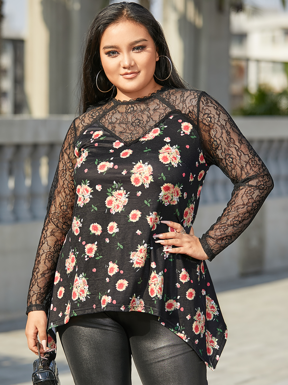 YOINS Plus Size Crew Neck Floral Print Lace Long Sleeves Blouse