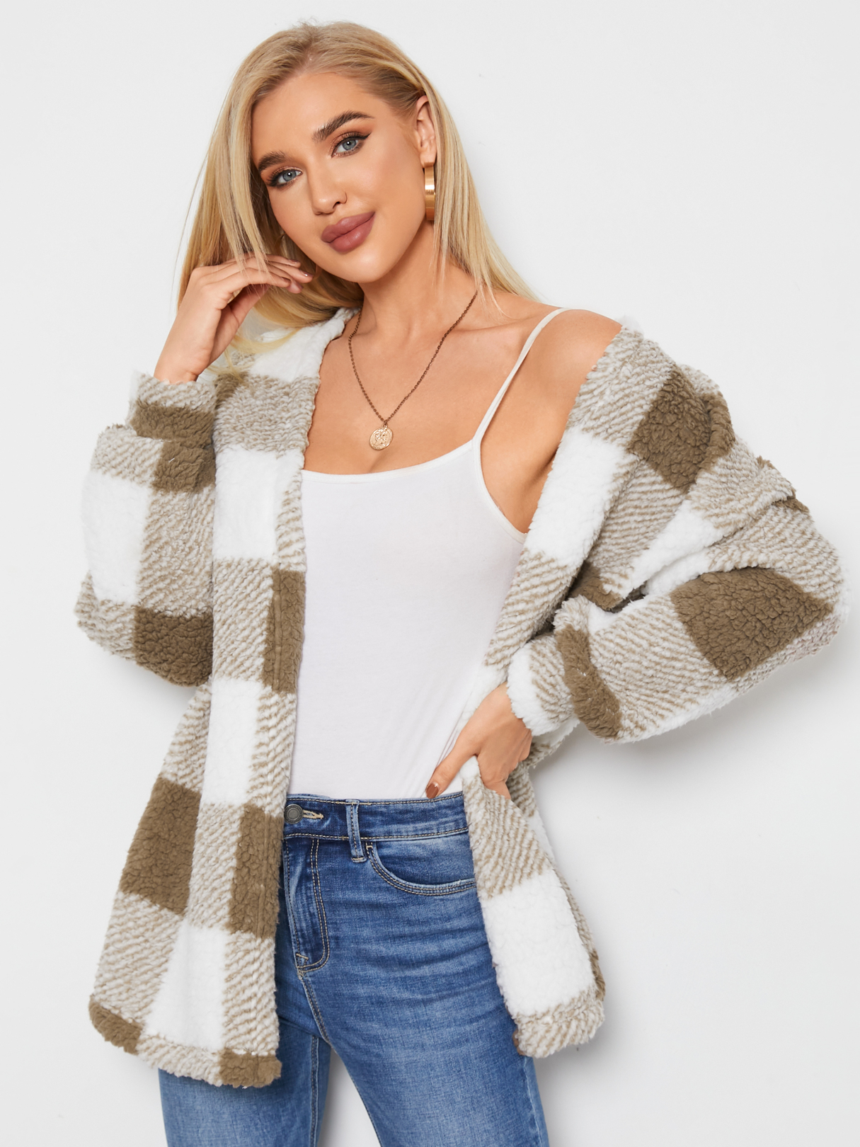 YOINS Teddy Plaid Midi Length Long Sleeves Coat