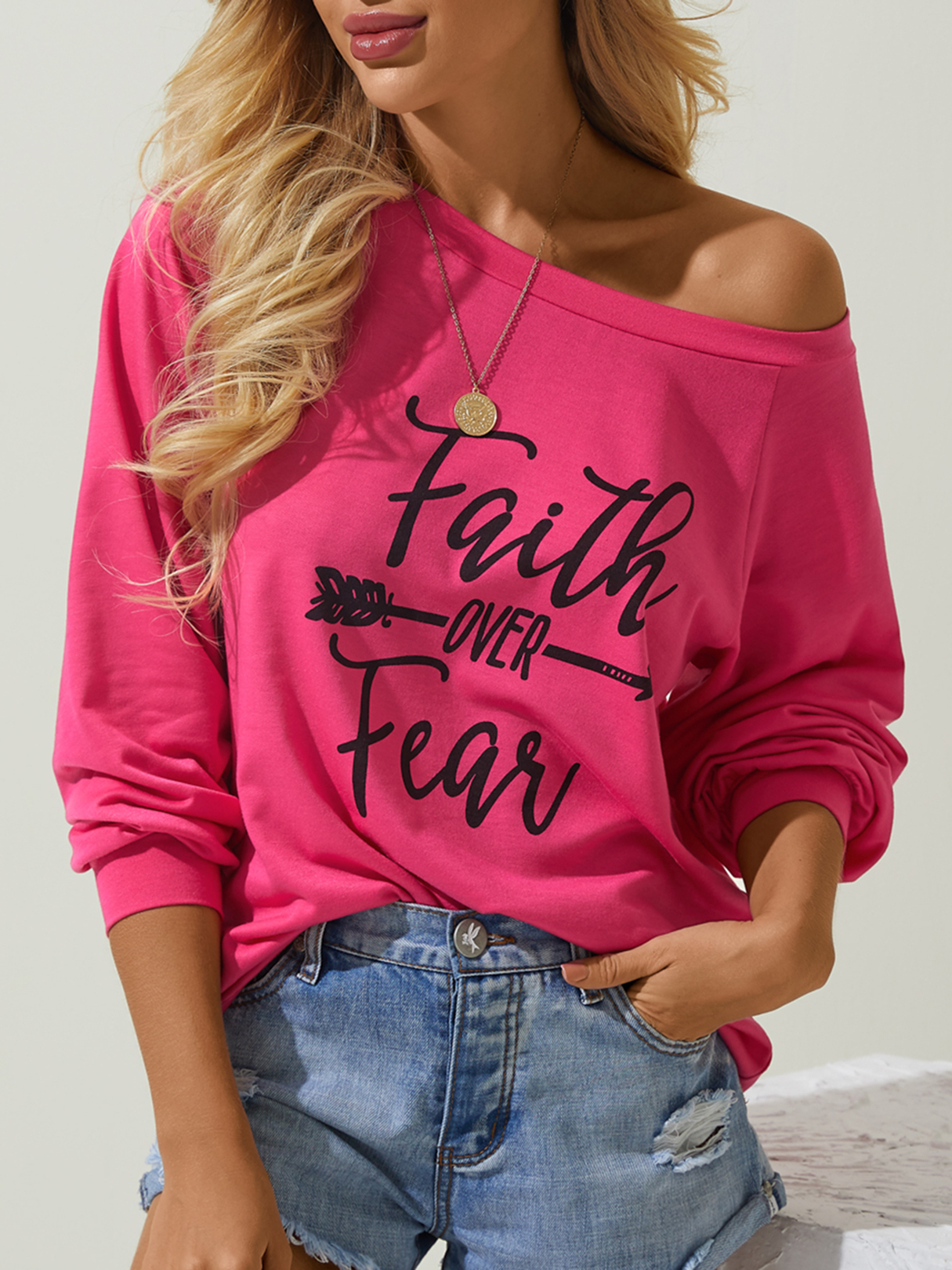YOINS Letter Print Round Neck Long Sleeves Tee