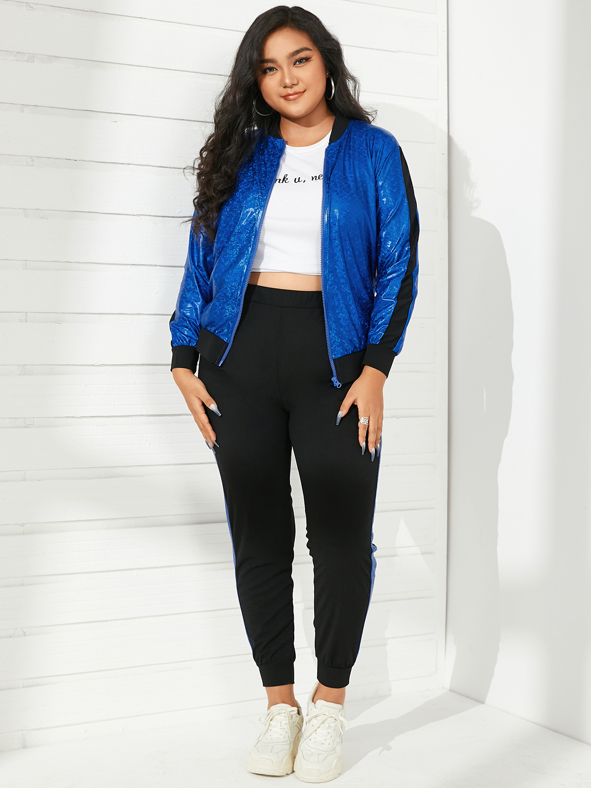 Plus Size Crew Neck Striped Patchwork Zip Pocket Long Sleeves Two Piece Outfit