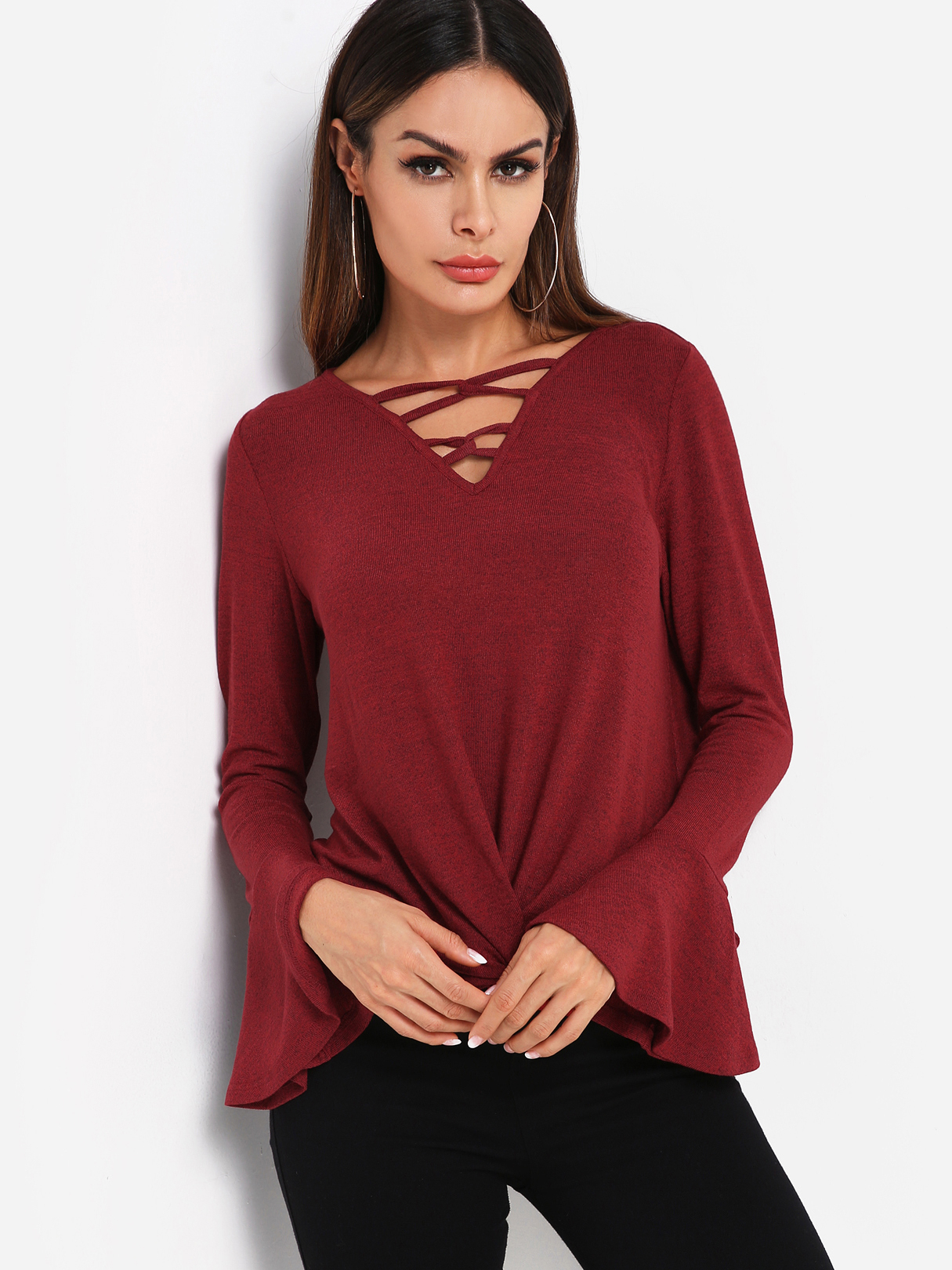 Burgundy Lace-up Front Design Knot Detail Long Bell Sleeves Tee