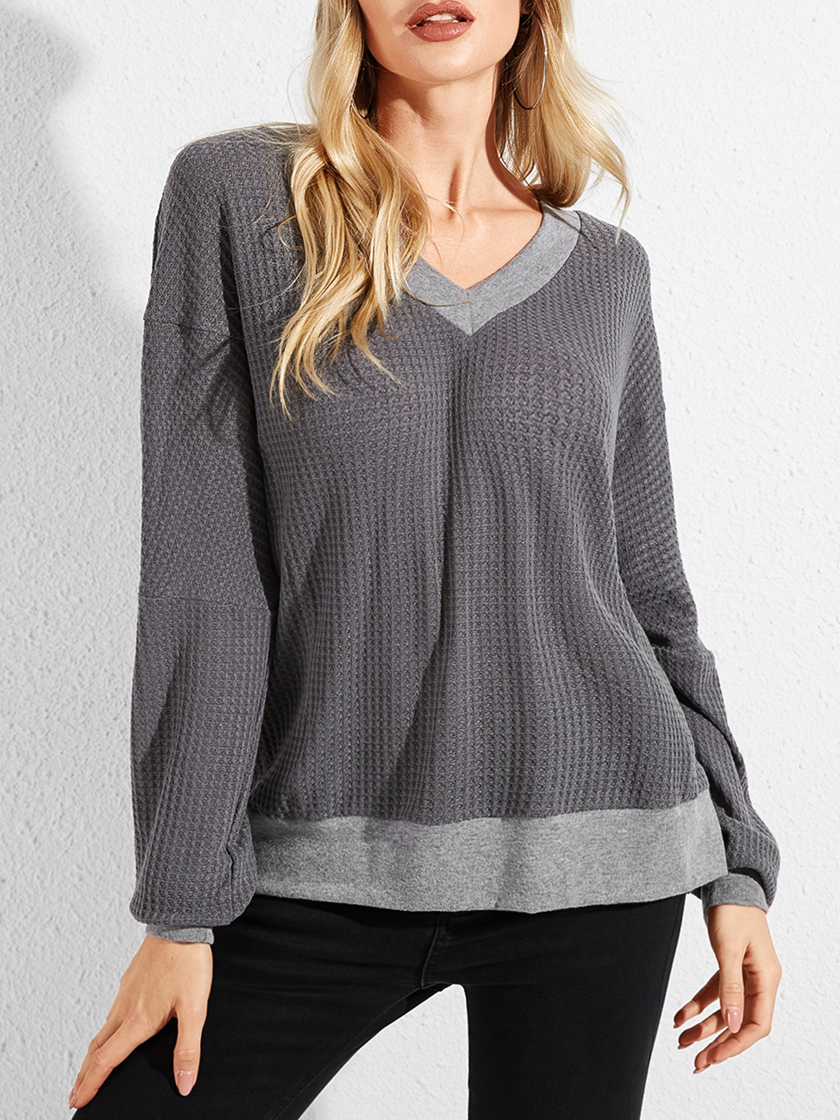 YOINS Grey Backless Design V-neck Long Sleeves Top