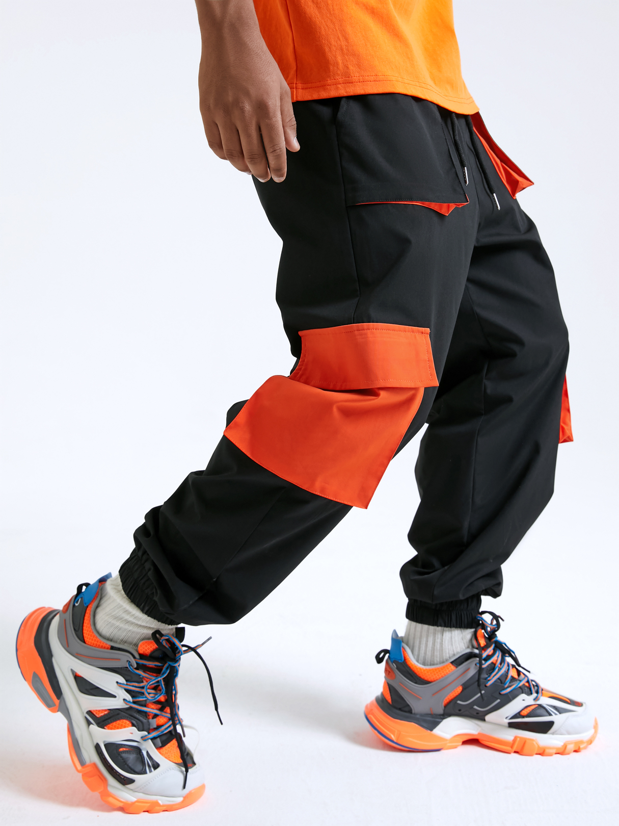 Men Hip Hop Style Color Block Splicing Multi-pocket Drawstring Cargo Pants