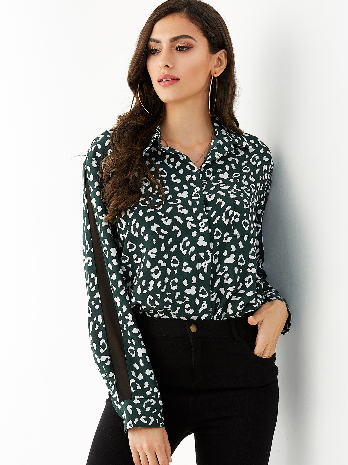 YOINS Green Leopard Classic Collar Front Button Blouse