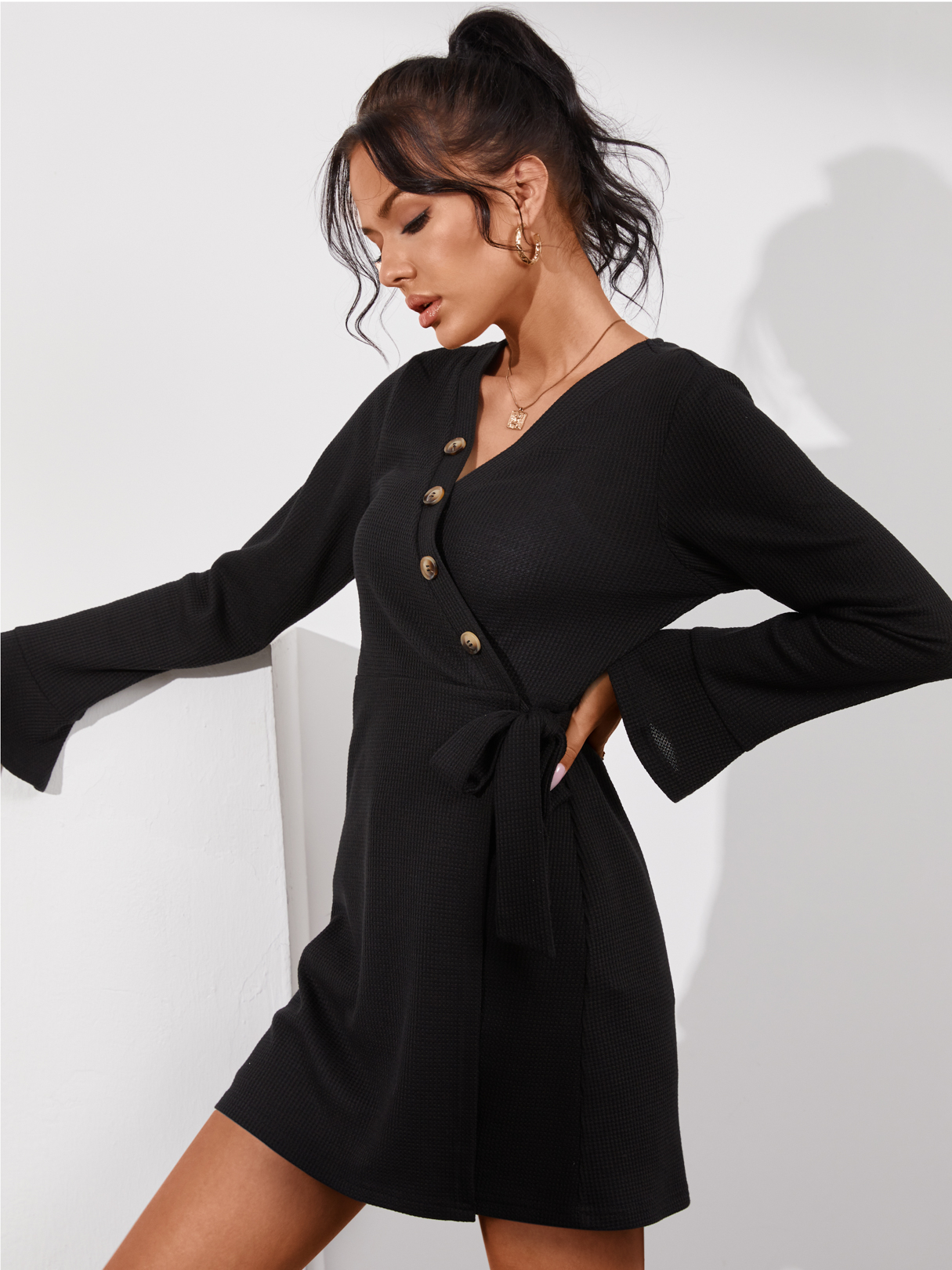 YOINS Black Wrap Belted Waffle Knit Front Button Long Sleeves Dress