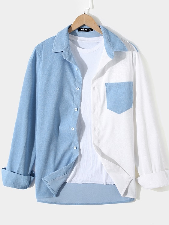Men Corduroy Color Block Print Classic Collar Casual Shirt