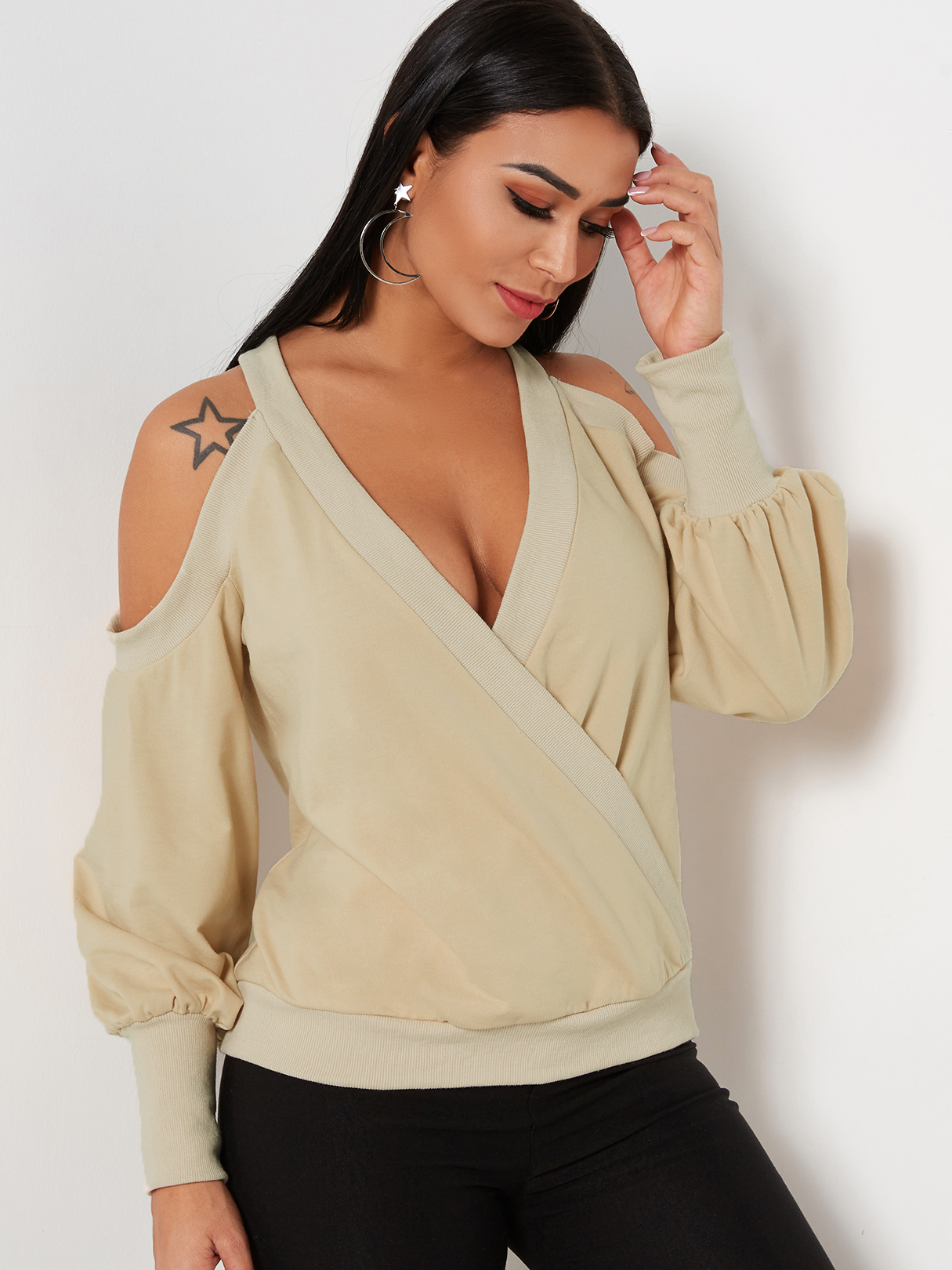 Beige Crossed Front Design Plain Cold Shoulder Long Sleeves Sweatshirts