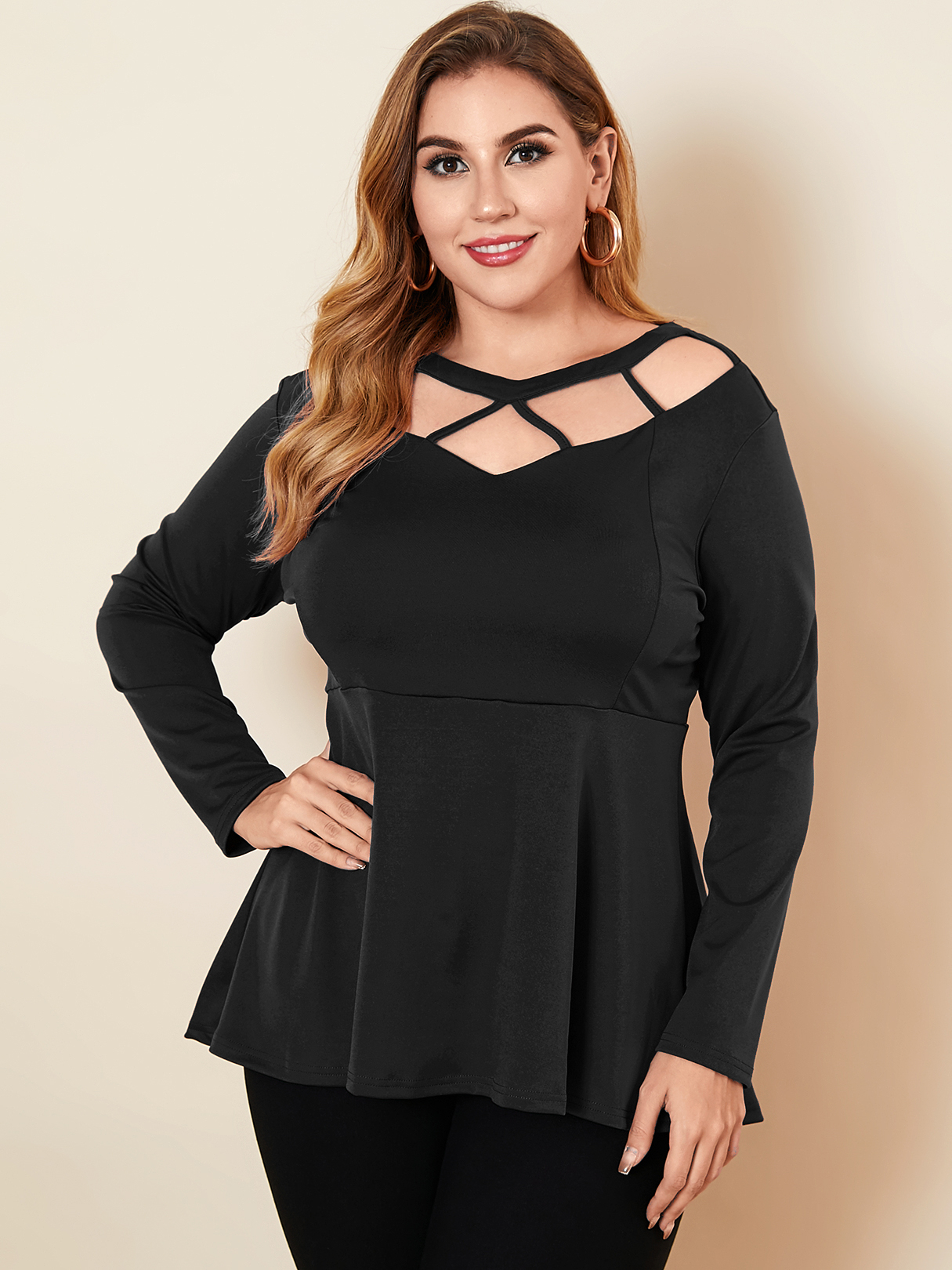 YOINS BASICS Plus Size Round Neck Cut Out Long Sleeves Tee