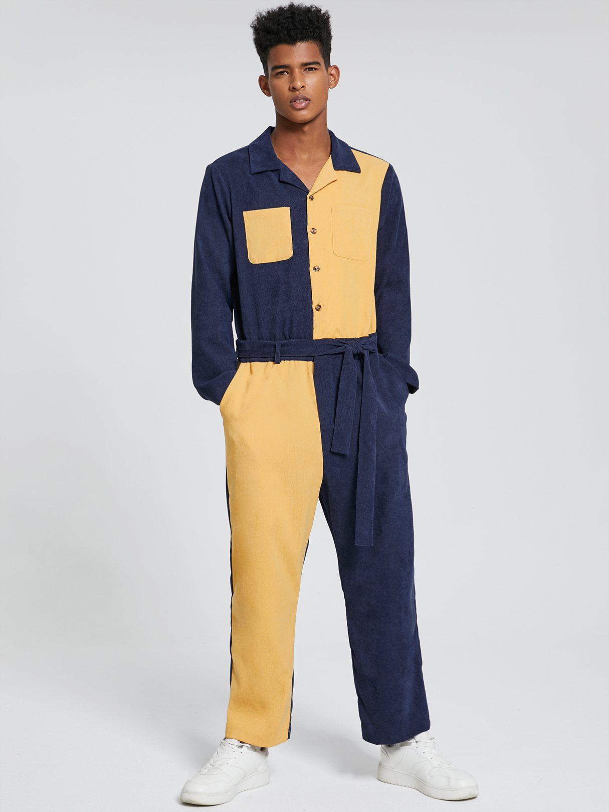 Men Fashion Color Block Patchwork Belt Design Overalls Jumpsuit