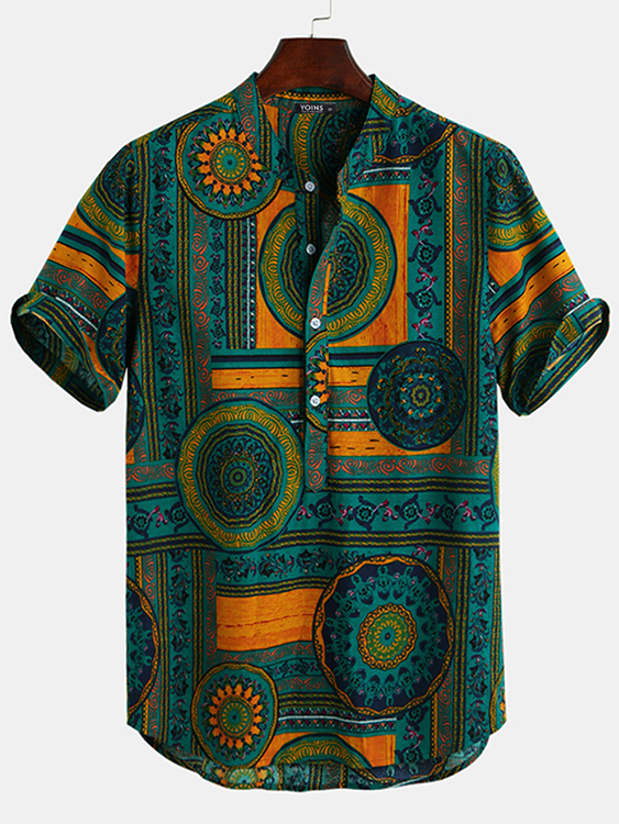 Men Casual Tribal Print Stand Collar Loose Shirt