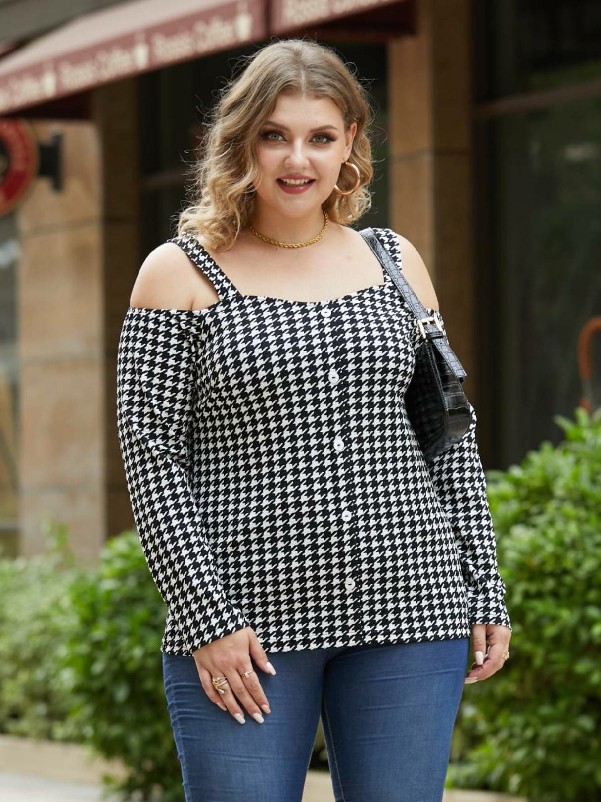 YOINS Plus Size Cold Shoulder Houndstooth Button Design Long Sleeves Blouse