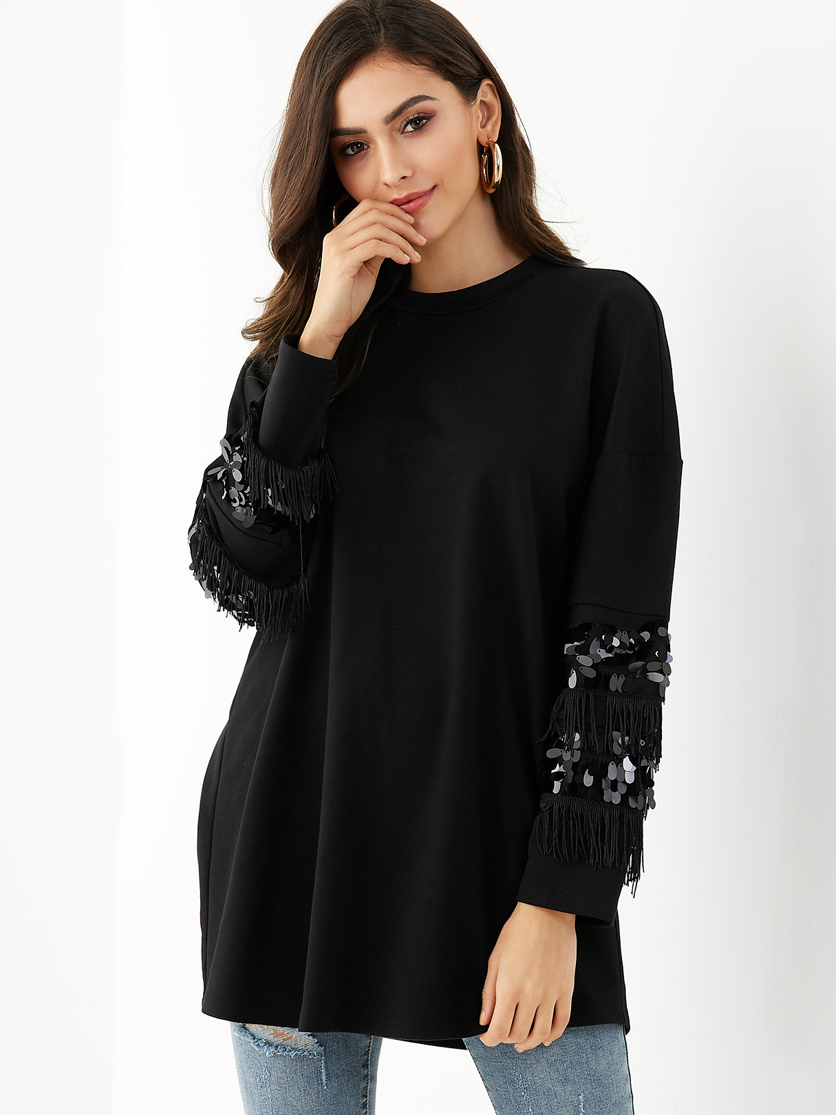 YOINS Black Sequins Embellished Round Neck Long Sleeves Tee