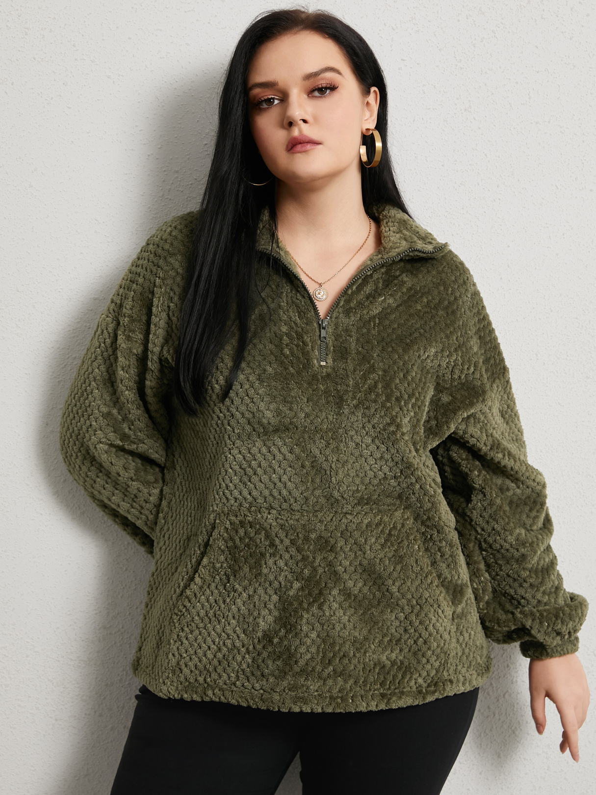 YOINS Plus Size Lapel Collar Zip Front Pocket Sweatshirt