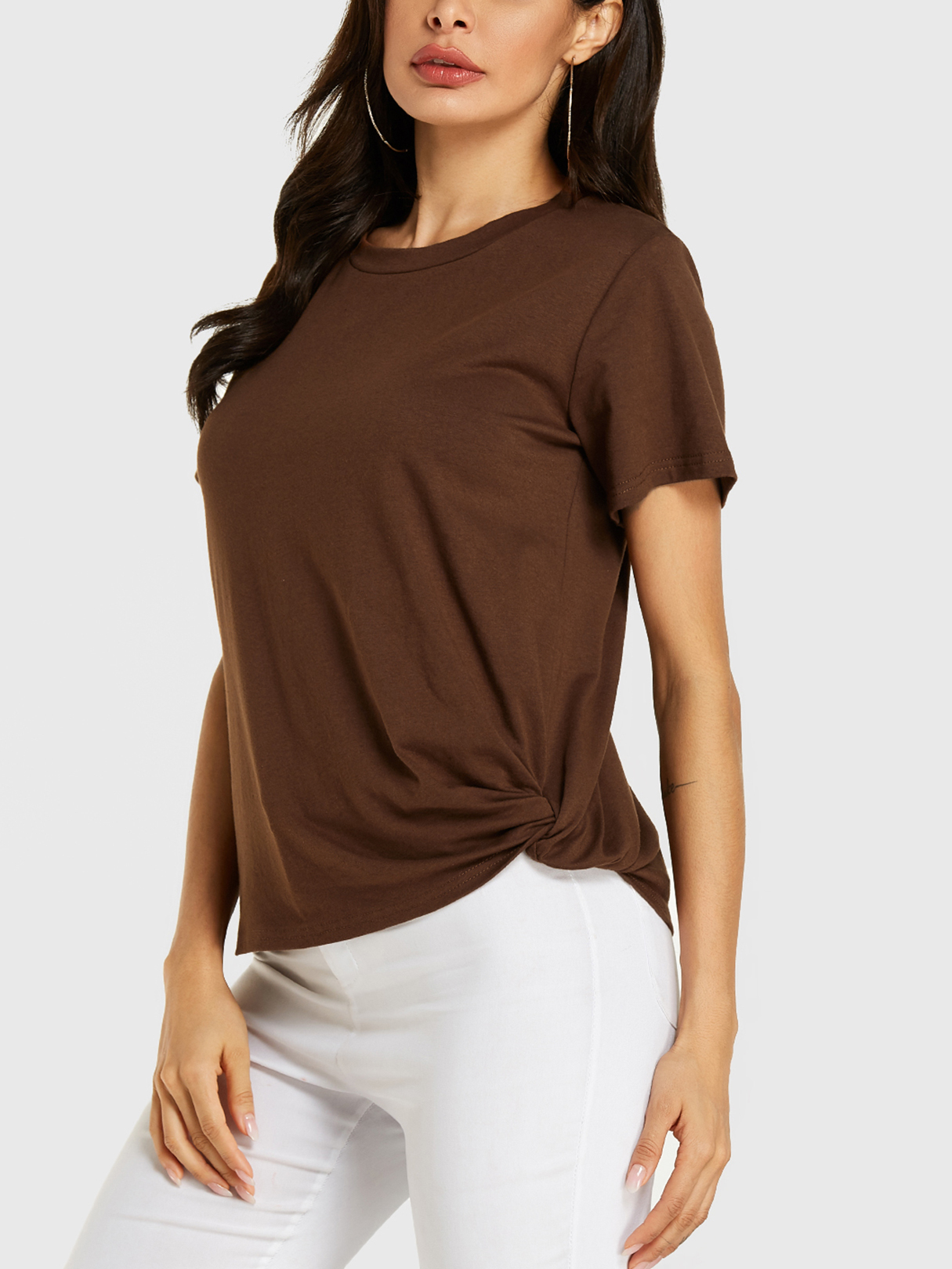 YOINS Coffee Twisted Round Neck Short Sleeves Tee