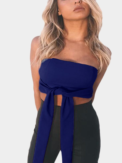 Off Shoulder Tie-front Crop Top in Royal Blue