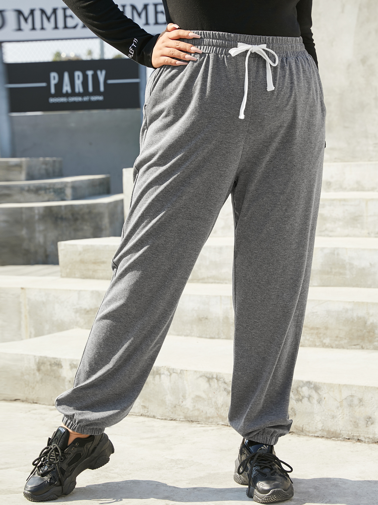 YOINS Plus Size Drawstring Side Pockets Tie-up Design Pants