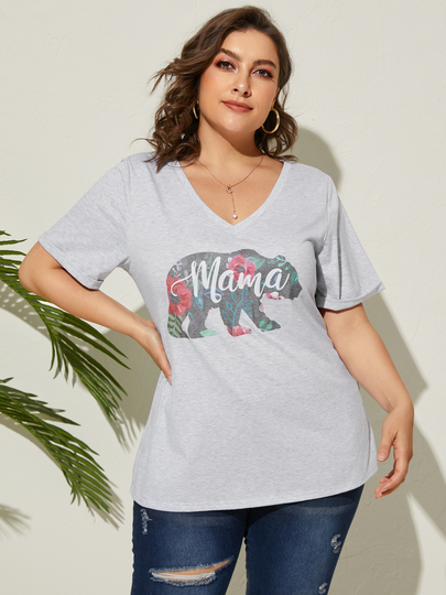 YOINS Plus Size V-neck Animal Letter Short Sleeves Tee
