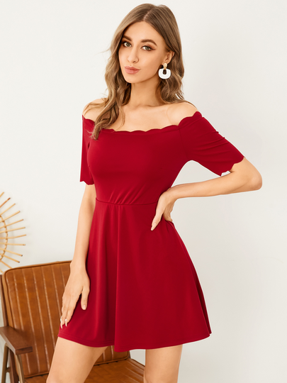 YOINS Off The Shoulder Scalloped Trim Short Sleeves Mini Dress