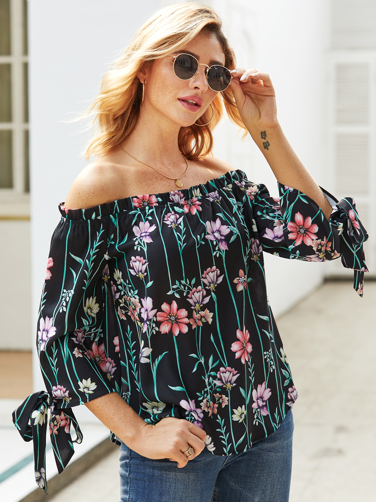 YOINS Black Random Floral Print Off The Shoulder Blouse