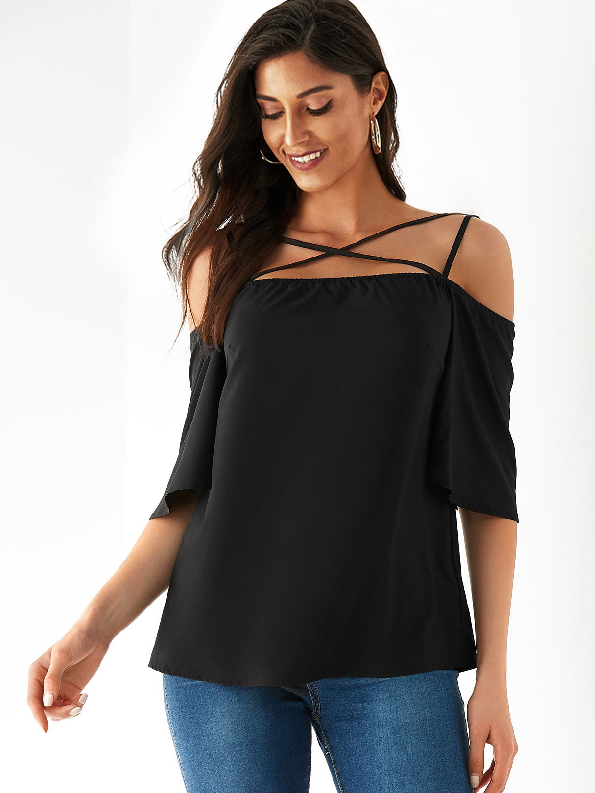 YOINS Black Criss-cross Cold Shoulder Half Sleeves Blouse