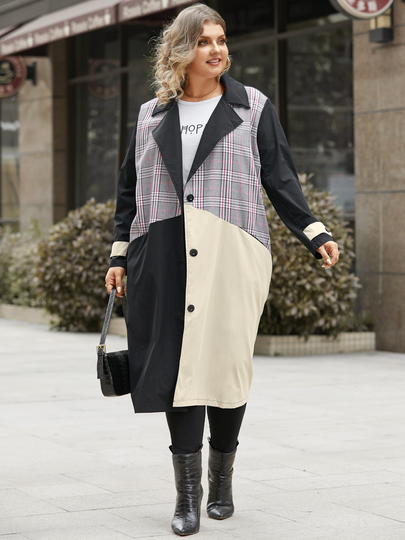 Plus Size Notch Collar Patchwork Pocket Design Button Design Long Sleeves Coat