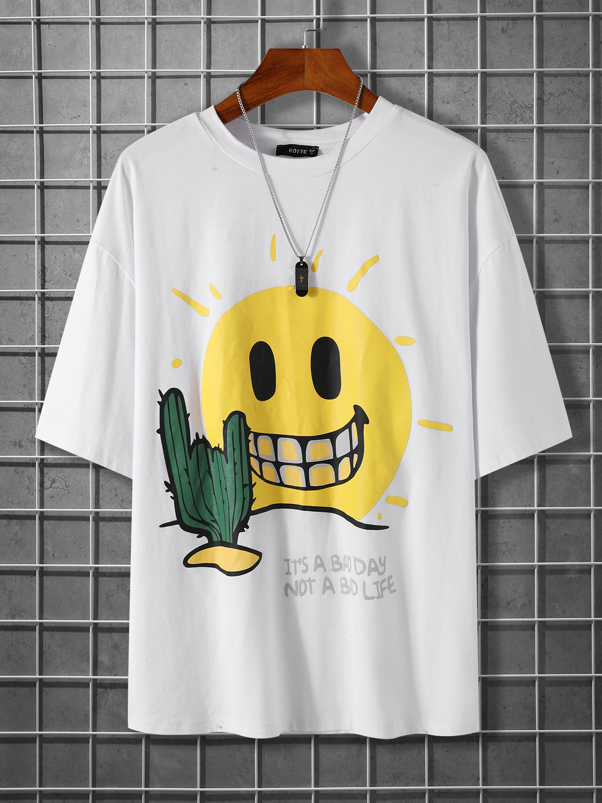 KOYYE Men Casual Graphic Letter Smile Graphic T-Shirt