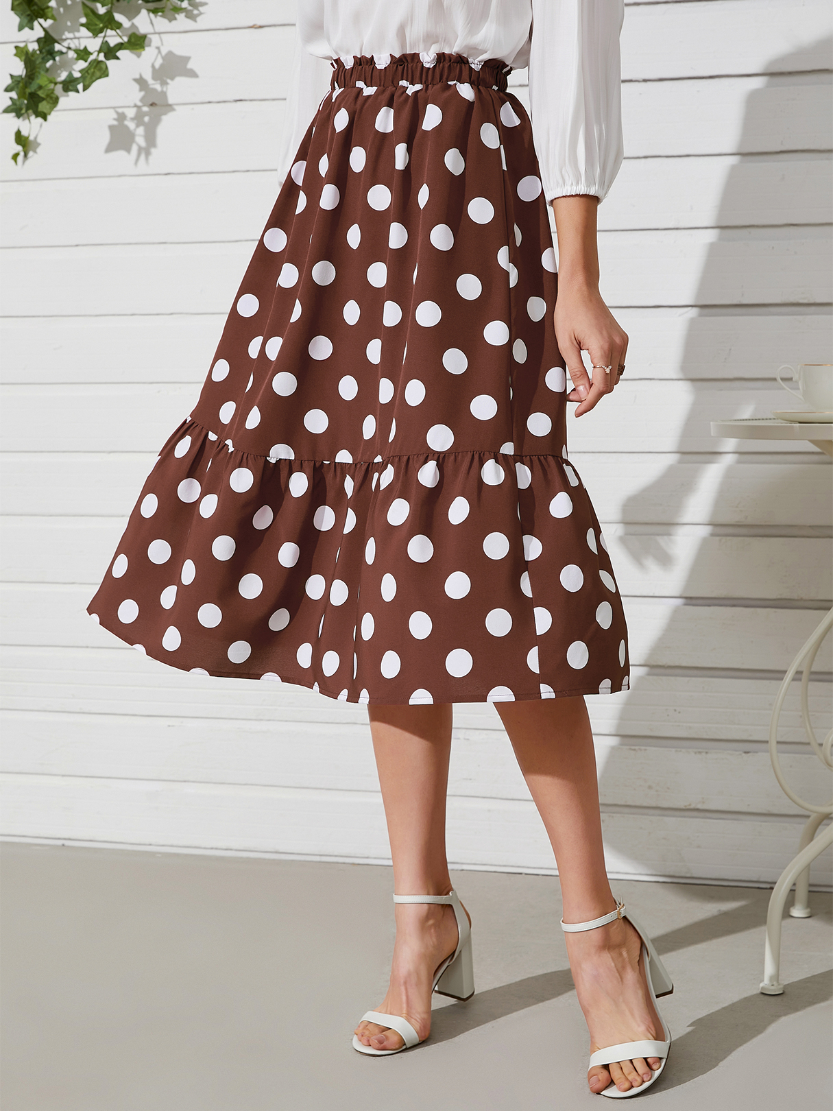 YOINS Brown Polka Dot Ruffle Hem Midi Skirt