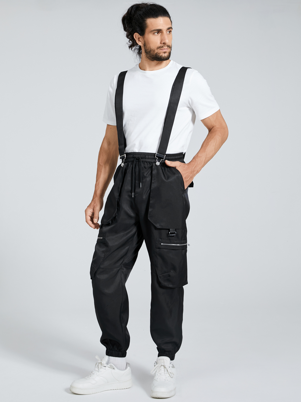 Men Fashion Casual Drawstring Suspender Cargo Pants