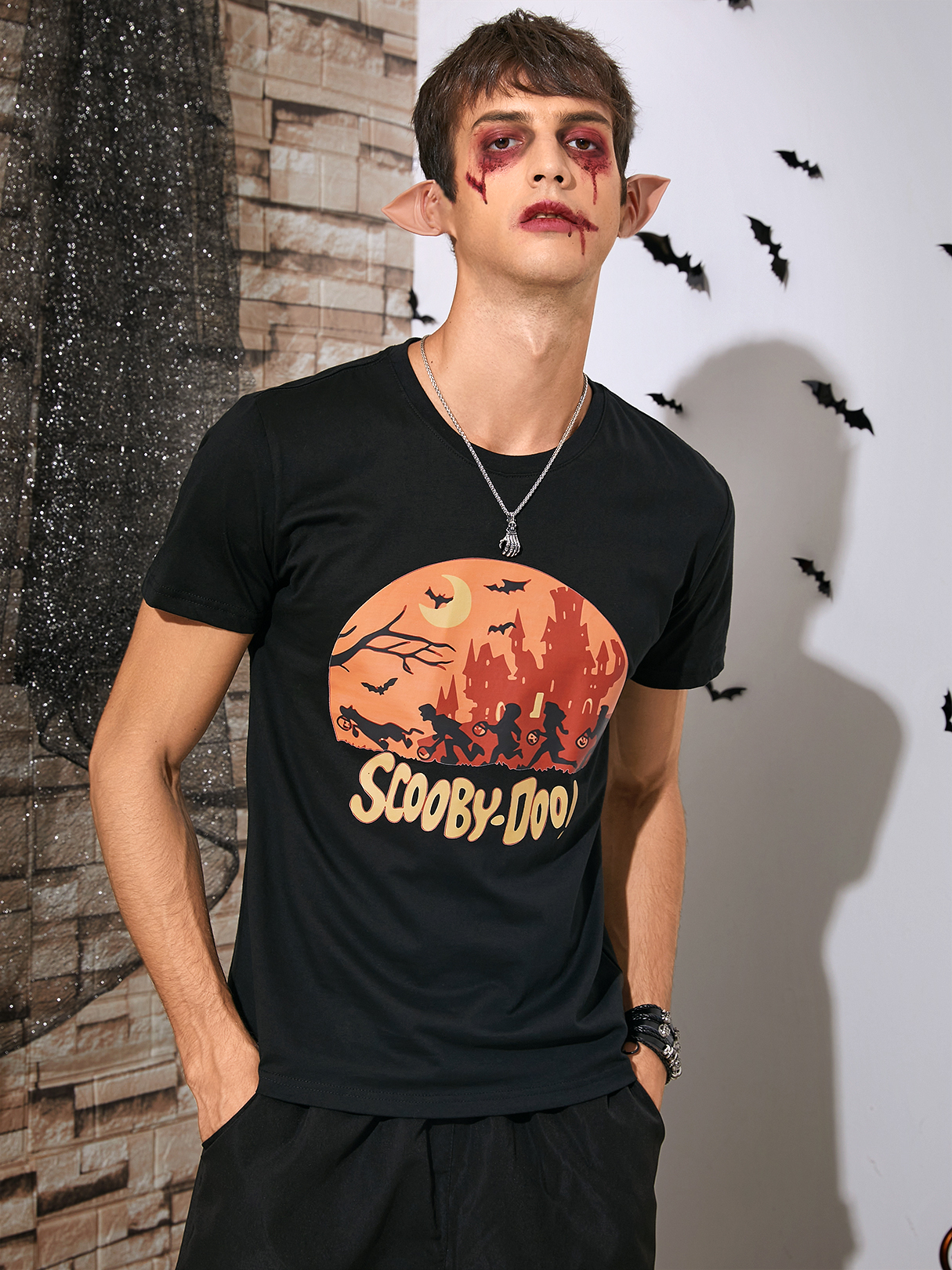 Men Halloween Letter Cartoon Print Super Soft T-Shirt