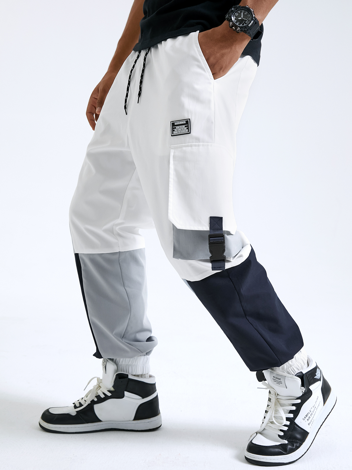 Men Fashion Colorblock Multi-pocket Drawstring Waist Casual Cargo Pants