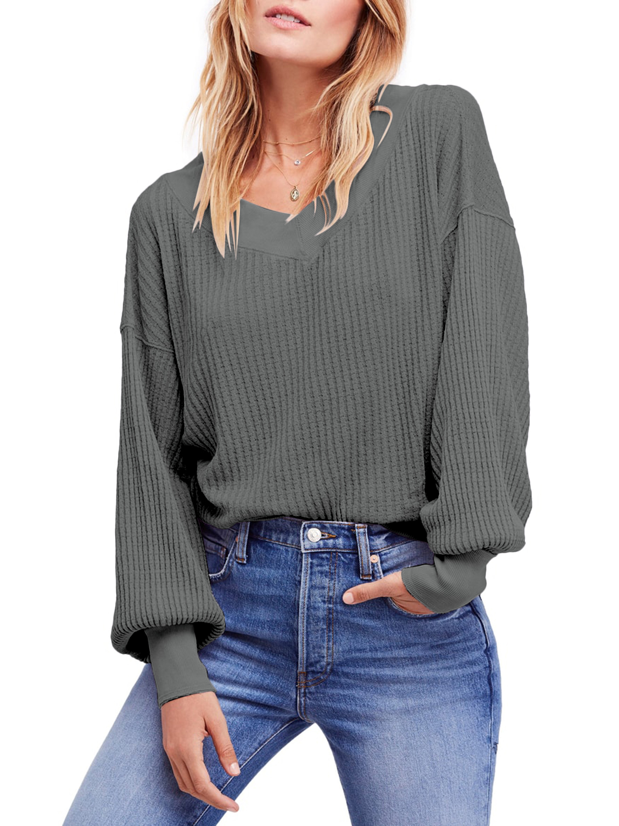 Grey V-neck Lantern Sleeves Knitted T-shirt
