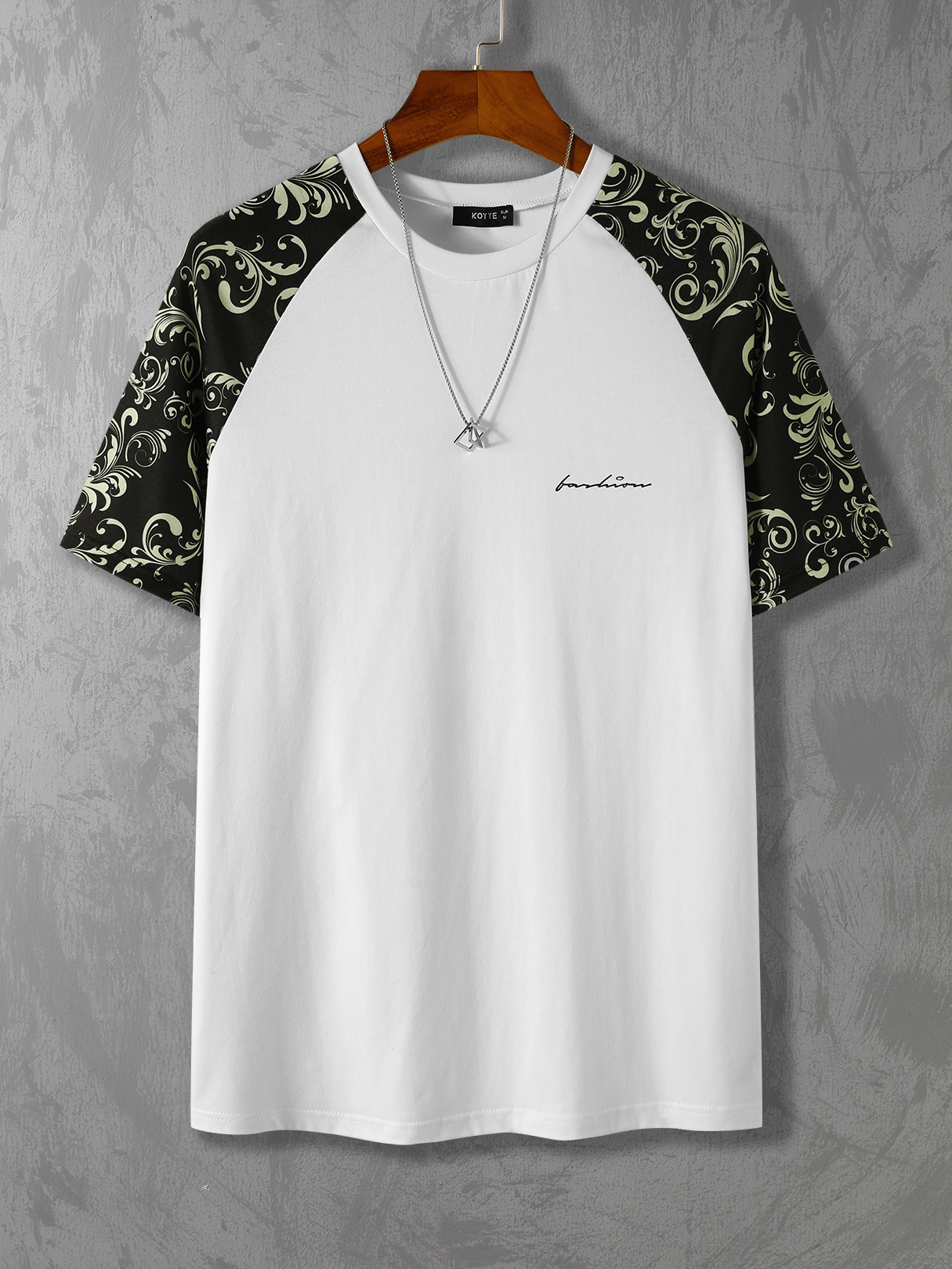 KOYYE Men Casual Print Raglan Sleeves Patchwork T-Shirt