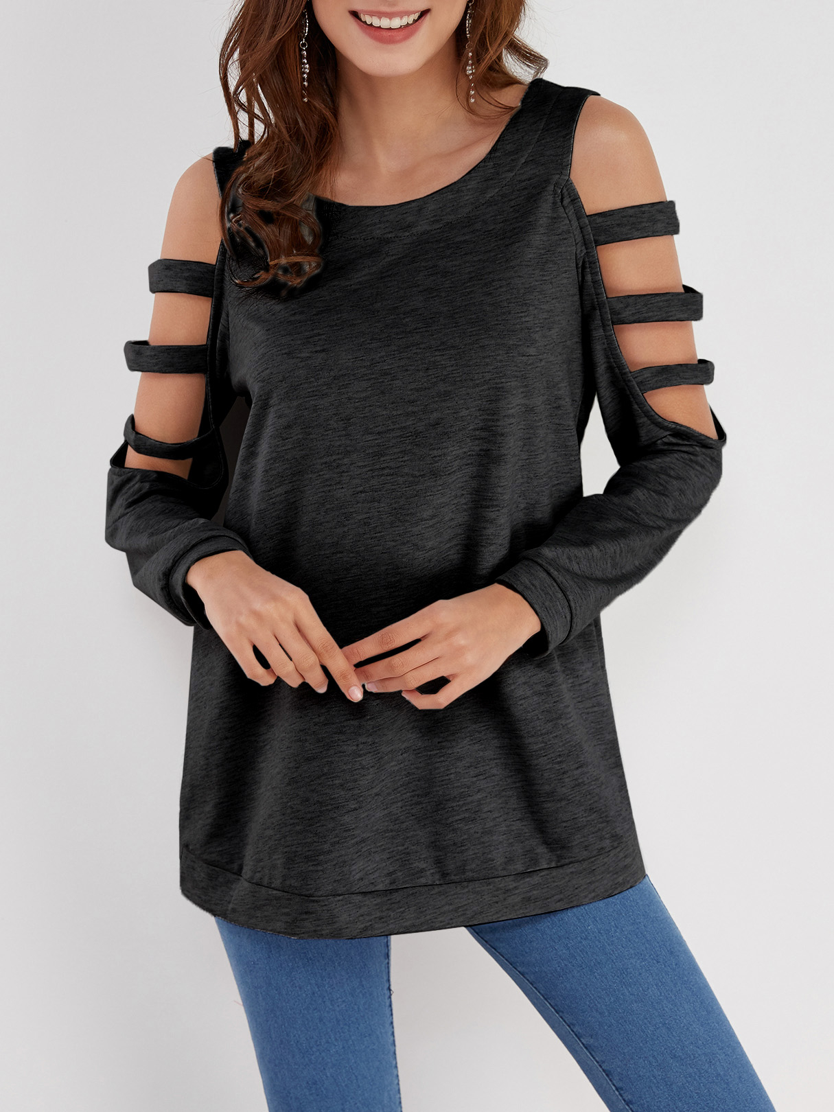 Black Casual Round Neck Cold Shoulder Top